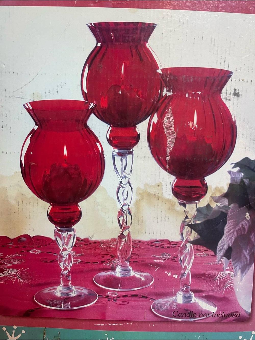 Vintage Red Glass Twisted Stem Candle Holders Set of 3